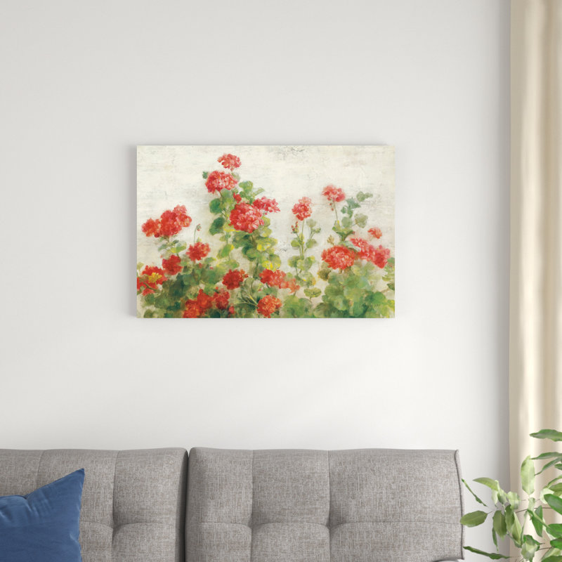 Géraniums rouges sur fond blanc V2, H 20 po x l 30 po x P 1,25 po