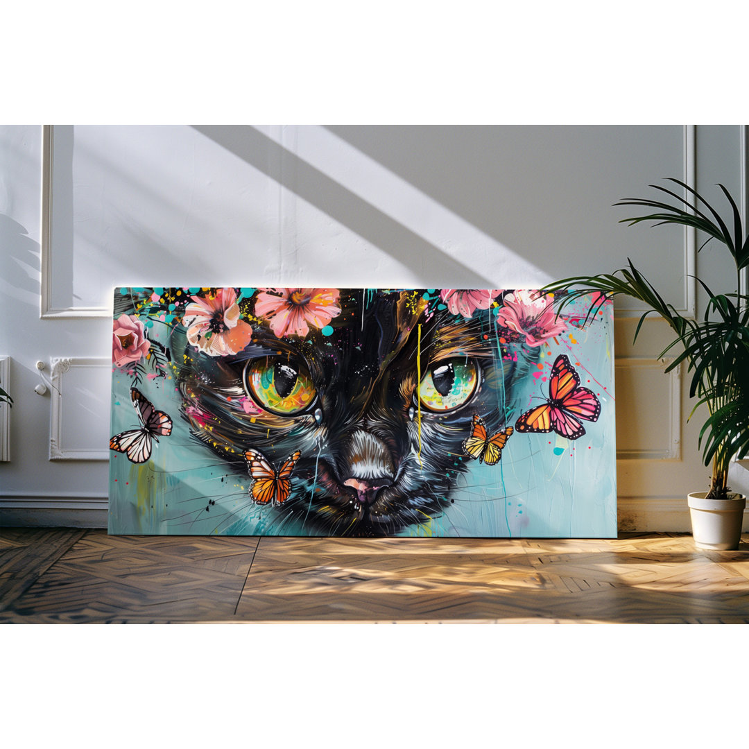 Wandbild 120x60cm Schwarze Katze Kater Katzenaugen Schmetterlinge Blumen