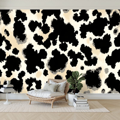 Wall Mural Peel and Stick Wallpaper cow leather natural print animal skin spots white Mammals Fur Self-Adhesive Removable Contact Paper Wall Decor for Living Room Bedroom 100"H x 144"W