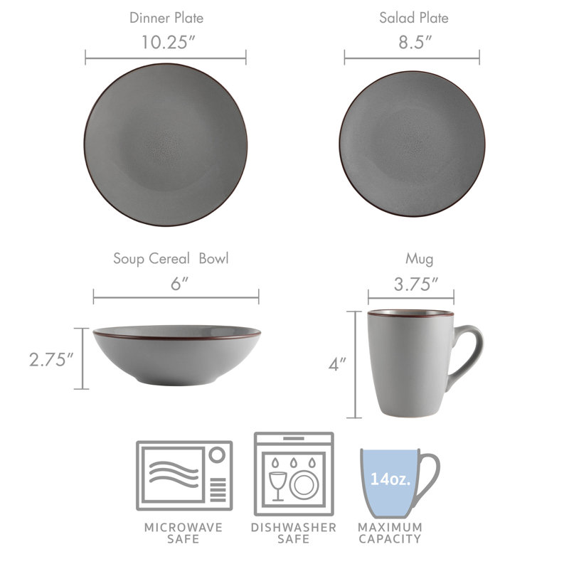 Gray Ceramic 16-Piece Dinnerware Set, Service for 4