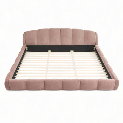 Elegant Chenille Upholstered Platform Bed Frame, Thick Curved Headboard & Wrapped Footboard, Low Profile Floor Bed, No Box Spring Required, Easy Assembly (83.86''×92.7''×26.8'')