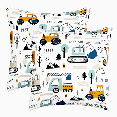 Cartoon Construction Trucks Pillow Covers - Set of 2 Decorative Cushion Covers for Couch Sofa Bed. Excavator Tractor Vehicles Design. White Inserts Not Included.