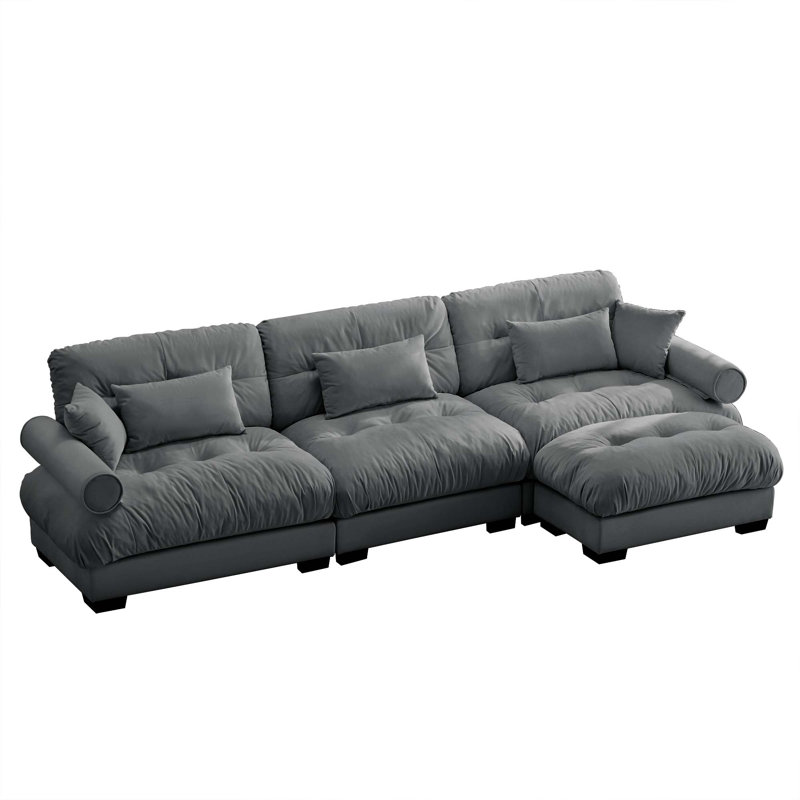 L-Shape 3 Deep Seat Modular Sofa Couch With 1 Movable Ottomans, Gray Velvet