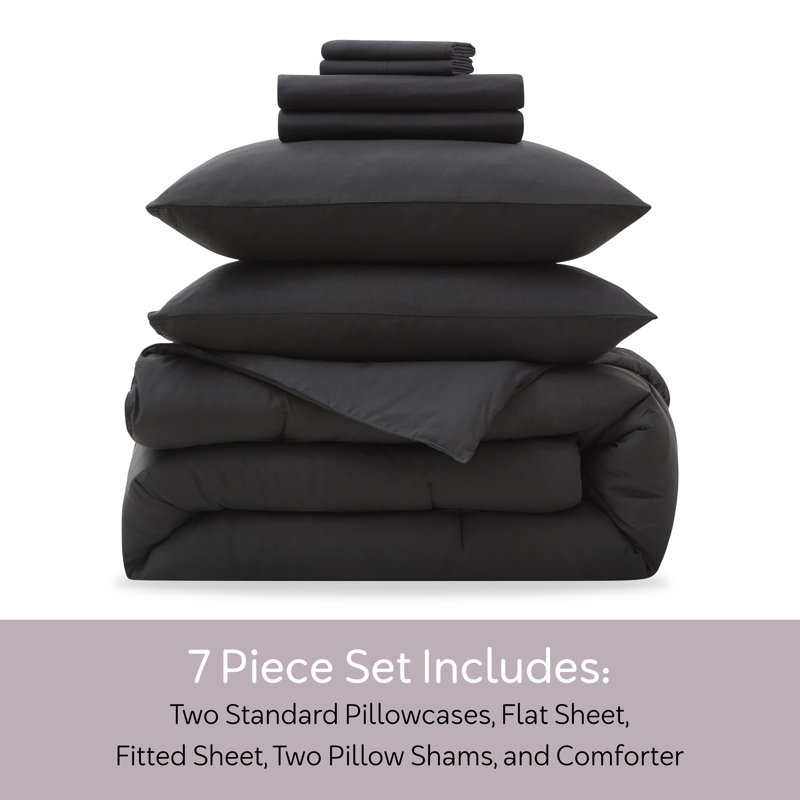 Soft Microfiber 7 Piece Comforter Set with Sheets, King Comforter + 6 Additional Pieces, Black