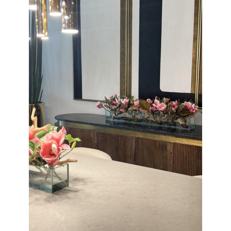 Arrangement floral et centre de table en verre Magnolia, H 8 po x l 38 po x P 8 po, Rose