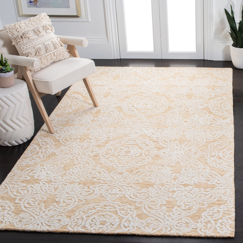 Tapis doré / ivoire en laine touffeté à la main Zelda, Rectangle 5 pi x 8 pi