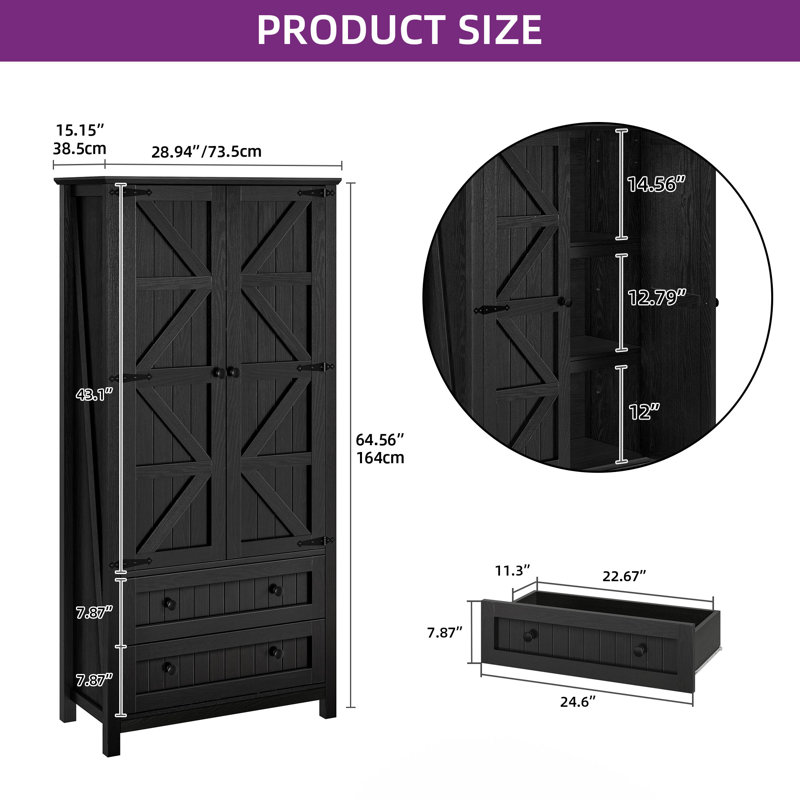 Black Farmhouse Kitchen Pantry Cabinet with Drawers and Shelves