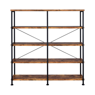 Antique Nutmeg And Black Bookcase With Metal Support, Rustic Stable For Decorative Items, Style