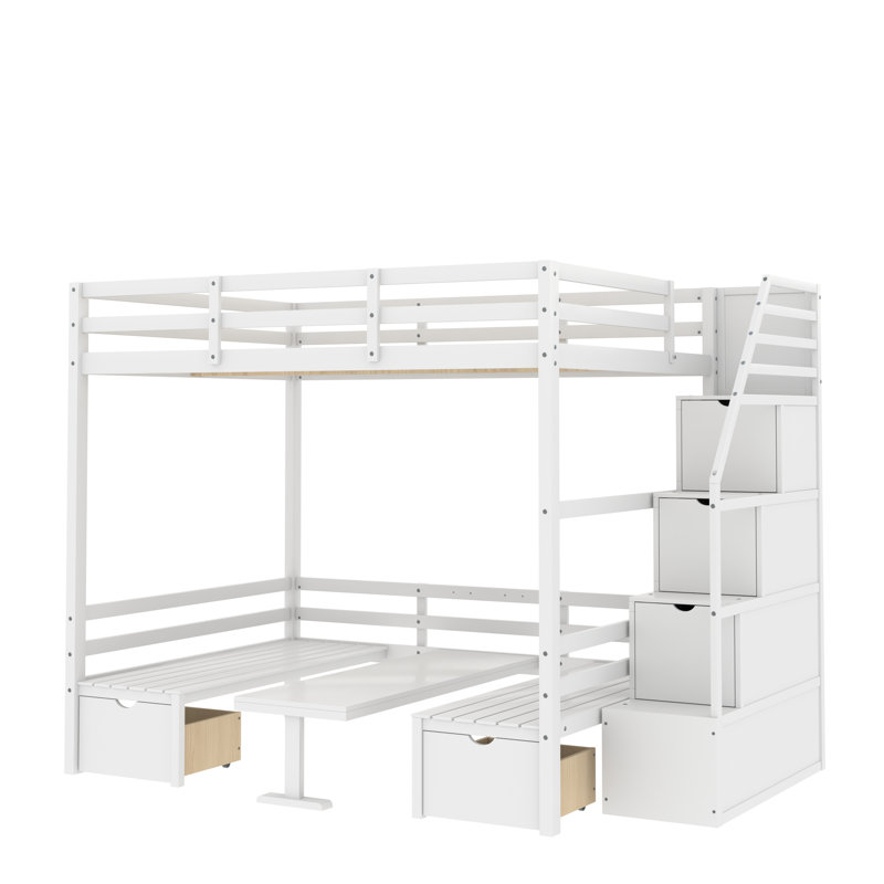 Lit superposé double en bois massif avec bureau intégré Gunel de Harriet Bee, Blanc
