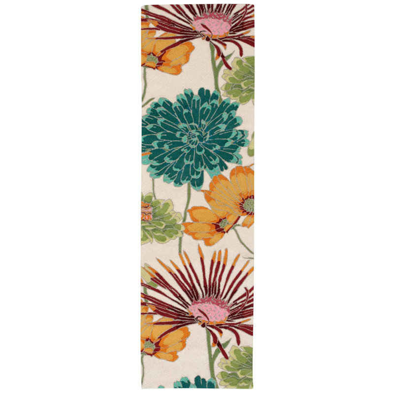 Tapis beige / bleu / orange crocheté à la main Asiha, Tapis de couloir 2 pi 3 po x 8 pi