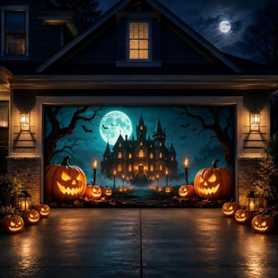 Halloween Garage Door Cover 16x7 FT, Spooky Castle Garage Door Decoration, Full Size Double Garage Door Banner with Pumpkin Moonlight Scene, Outdoor Halloween Decor for Home Yard Party