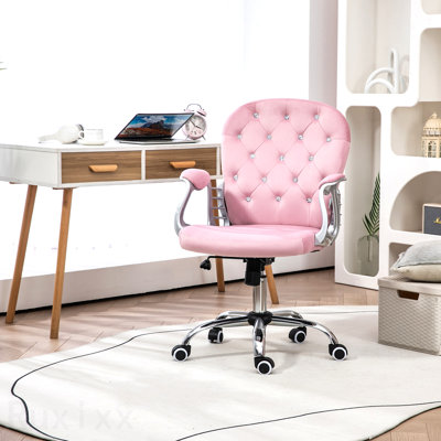 Chaise de bureau en velours rose, chaise de bureau capitonnée à boutons, avec accoudoirs rembourrés, hauteur réglable et roulettes pivotantes