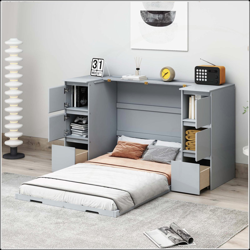 Murphy Bed with Drawers, Gray, Twin