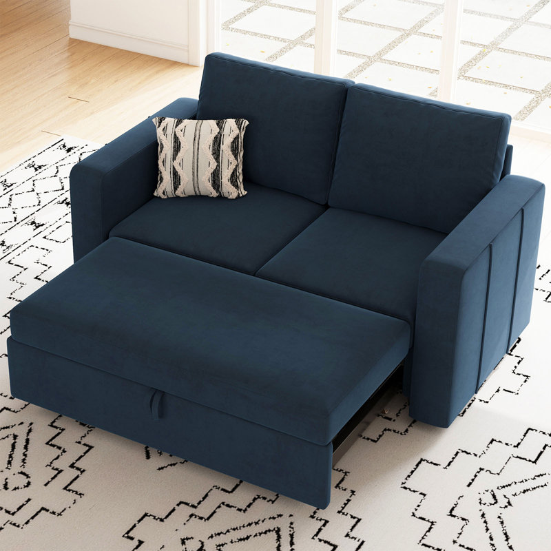 Rafael 2 Seats Fabric Sectional Pull Out Sofa Memory Foam Mudular Sofa For Living Room, Blue Velvet