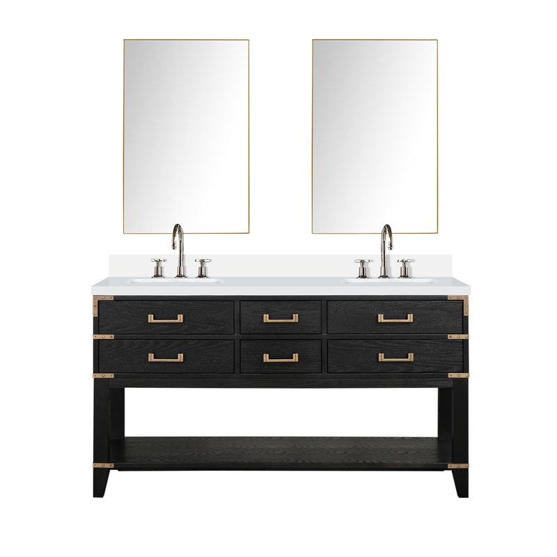 60 po Large meuble-lavabo double en chêne noir avec comptoir en quartz blanc, robinet et 28 miroirs, le comptoir poli à la main est livré avec