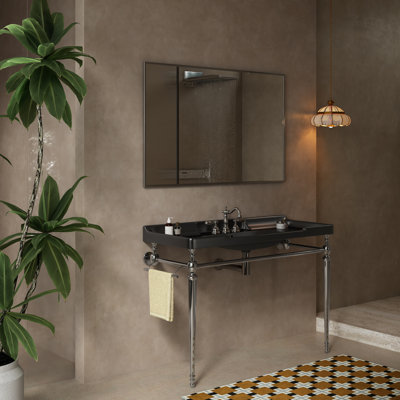 VICI 48" Bathroom Console Sink, Wall-Mounted Black Ceramic Vanity Basin With 3 Pre-Drilled Faucet Holes, Freestanding Stainless Steel Support Legs With Towel Bar, No Faucet & Sink Cover, Chrome Color