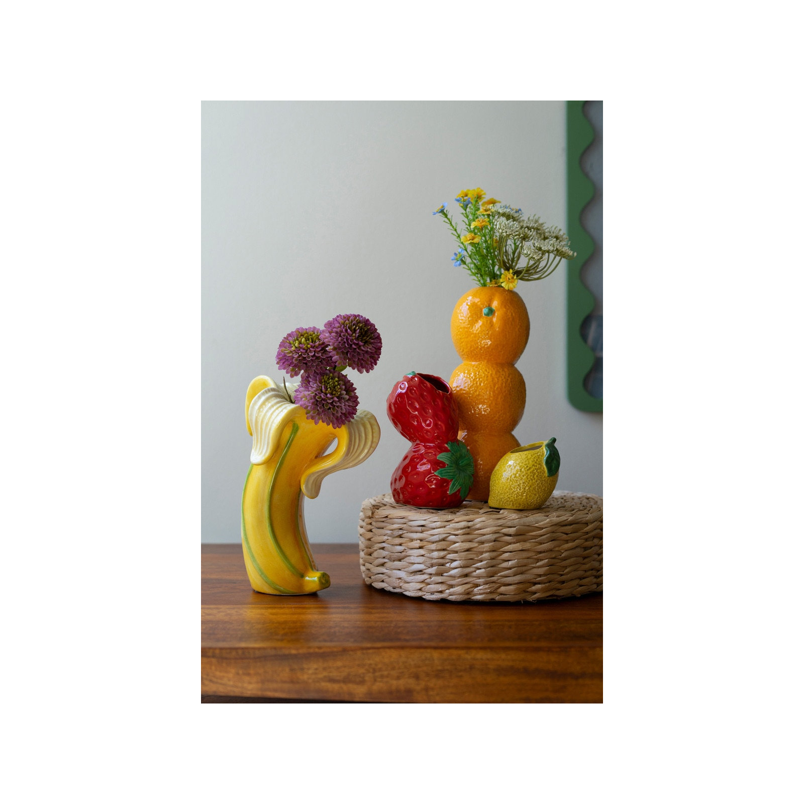 SET OF THREE CERAMIC BUD VASES - ORANGE, STRWBERRY AND LEMON