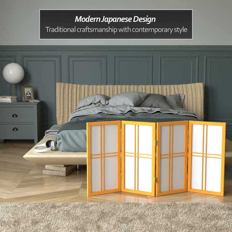 26" Desktop Double Cross Shoji Screen 4 Panel Room Divider, Honey, 4