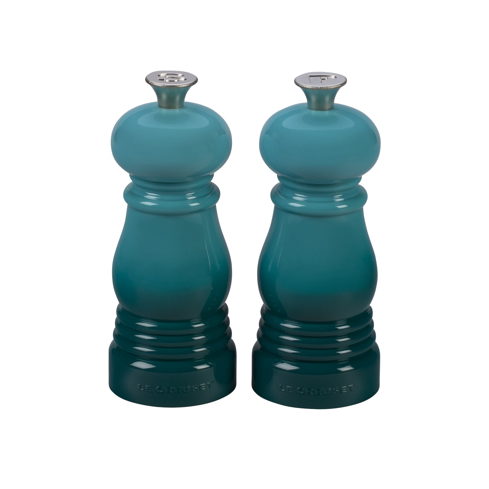 Le Creuset Set of 2 Salt and Pepper Mills, Caribbean, 4.3" H x 2.9" W x 2.9" D