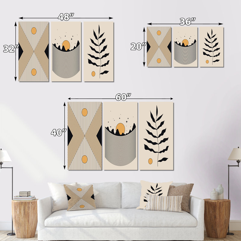 Boho Golden Sun, paysage monochrone III - ensemble d'art moderne Mid-Century de 3 pièces, H 40 po x l 60 po