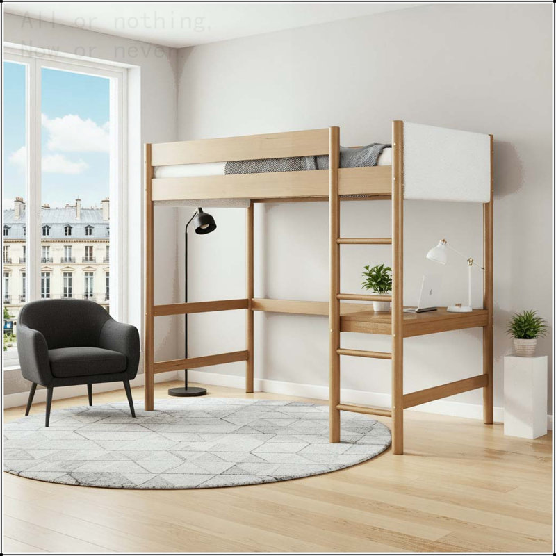 Lit mezzanine simple avec bureau, tête de lit et pied de lit rembourrés Boucle avec échelle, garde-corps de sécurité