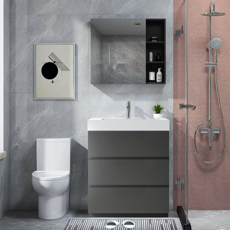 Ensemble de meuble-lavabo simple 30 po avec plateau Eilon, Blanc, gris