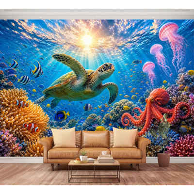 Wall Mural Peel and Stick Wallpaper Sea Turtle Among Coral Colorful Fish Jellyfish Self-Adhesive Removable Contact Paper Wall Decor for Living Room Bedroom 100"H x 144"W