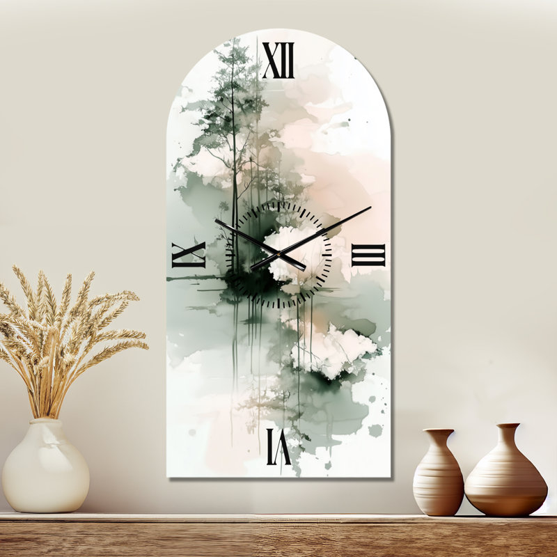 Horloge murale décorative géométrique en forme d'arche, motif abstrait vert « Reflet d'arbre I »., H 39 po x l 19 po - Arche