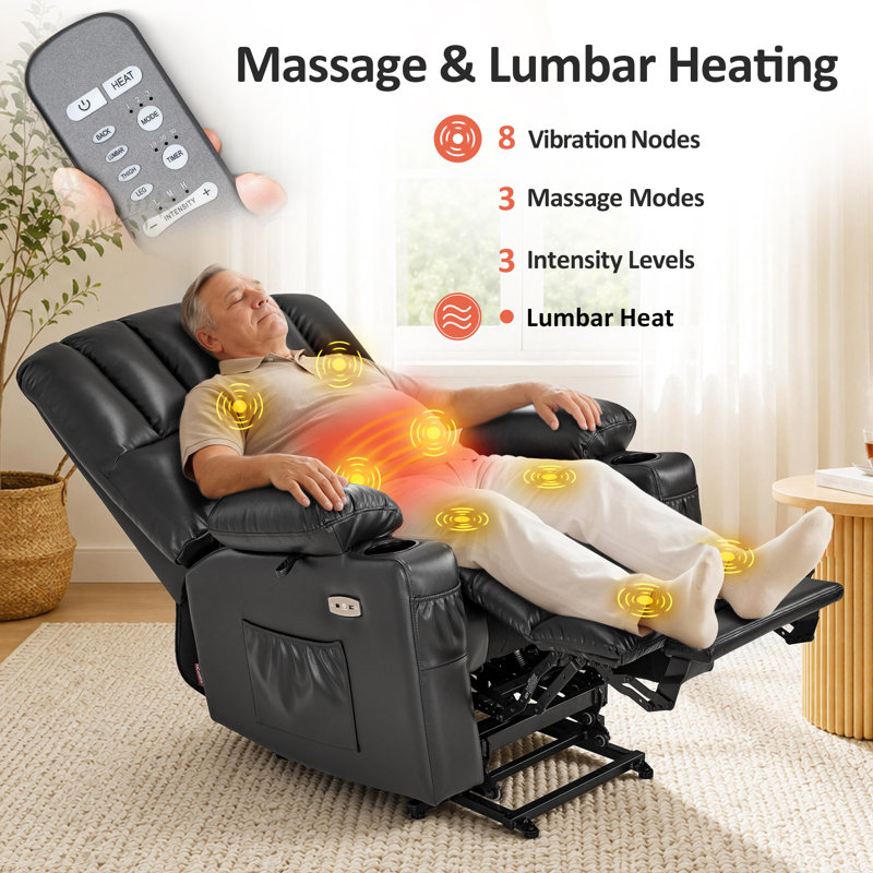 Power Lift Recliner Chair With Massage And Heat for Big Elderly People, Cup Holders, Side Pockets, Faux Leather (Large-Wide)