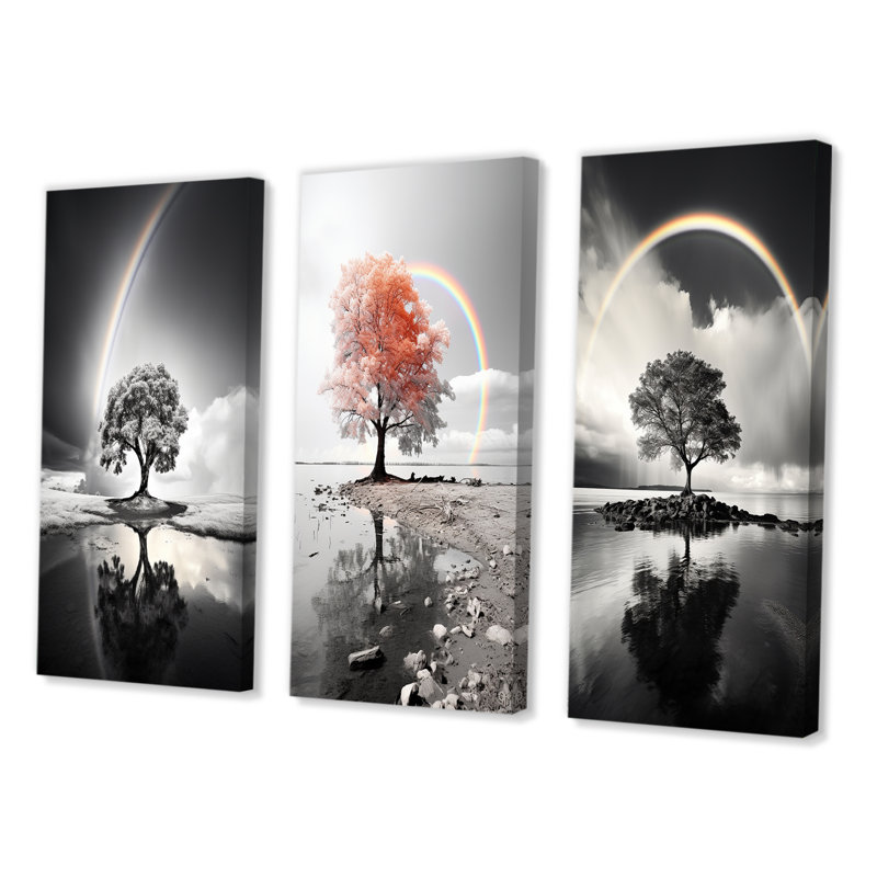 «Rainbow Grayscale Arc Over Tree», 3 pièces sur toile, Toile tendue, H 40 po x l 60 po