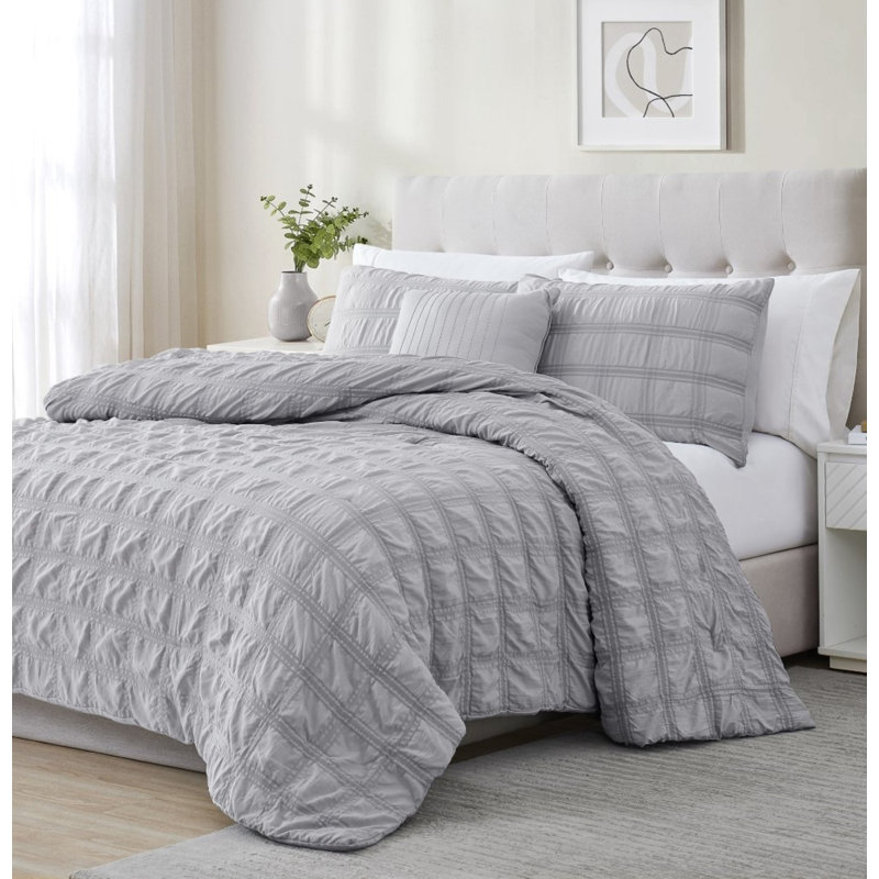 Ensemble d'édredon Eliza Seersucker, Édredon pour lit très grand + deux taies décora, gris