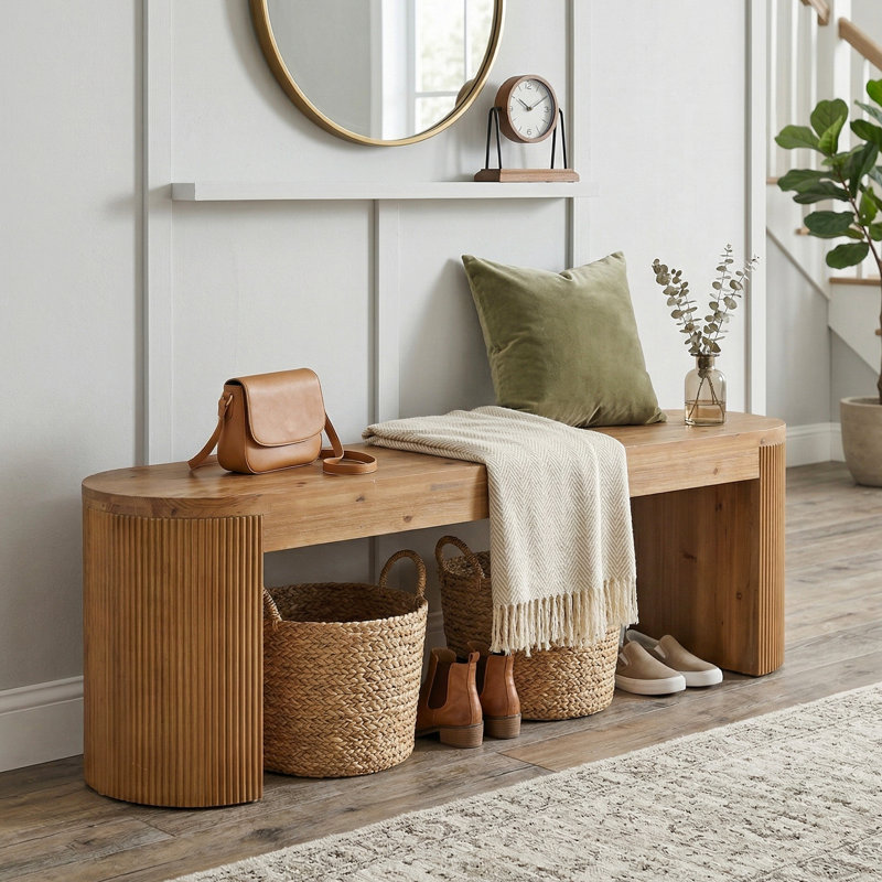 Banc de 55 po en bois massif avec pieds cannelés, assemblage facile