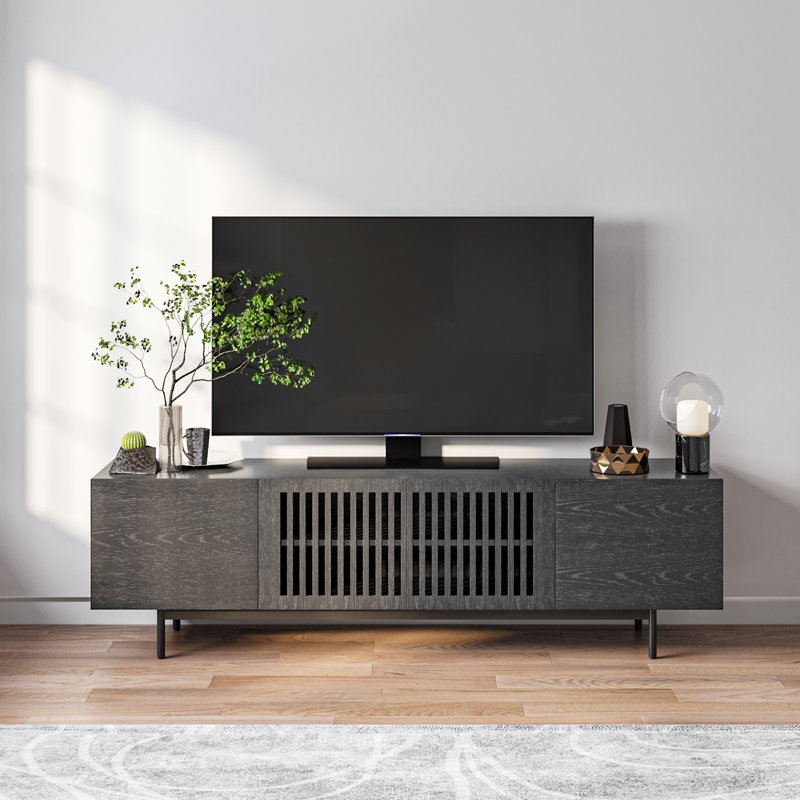 Meuble télé Mid-Century moderne pré-assemblé, Noir, H 21,25 po x L 62,99 po x l 15,75 po
