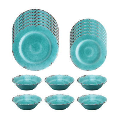 Crackle Turq 18 Piece Melamine Dinnerware Set Plate and Bowl Set - Service for 6