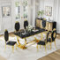 Kashane 7-Piece Faux Marble Rectangular Pedestal Dining Set with Petal-Back Upholstered Chairs, Seats 6