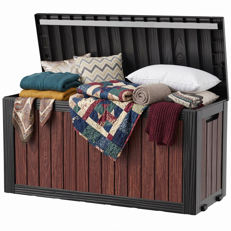 100 Gallon Resin Deck Box, Cognac Walnut Wood‑Look Polypropylene Outdoor Storage Box
