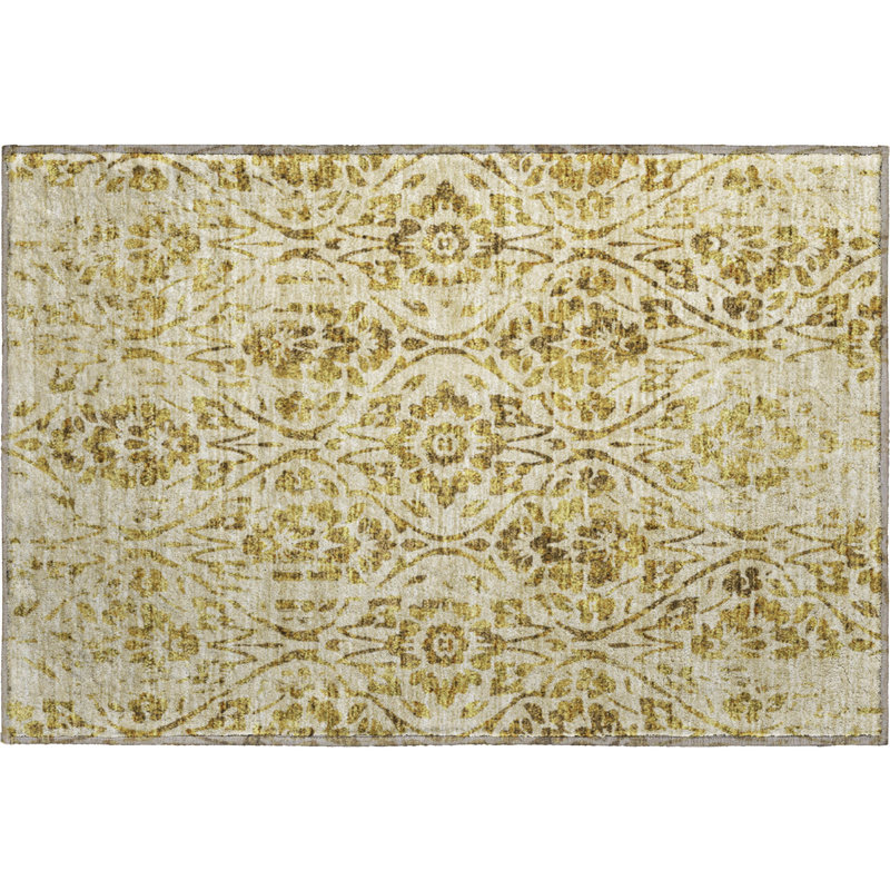 Premium Machine Washable Prisco Gold Rug, Rectangle 1'8" x 2'6"