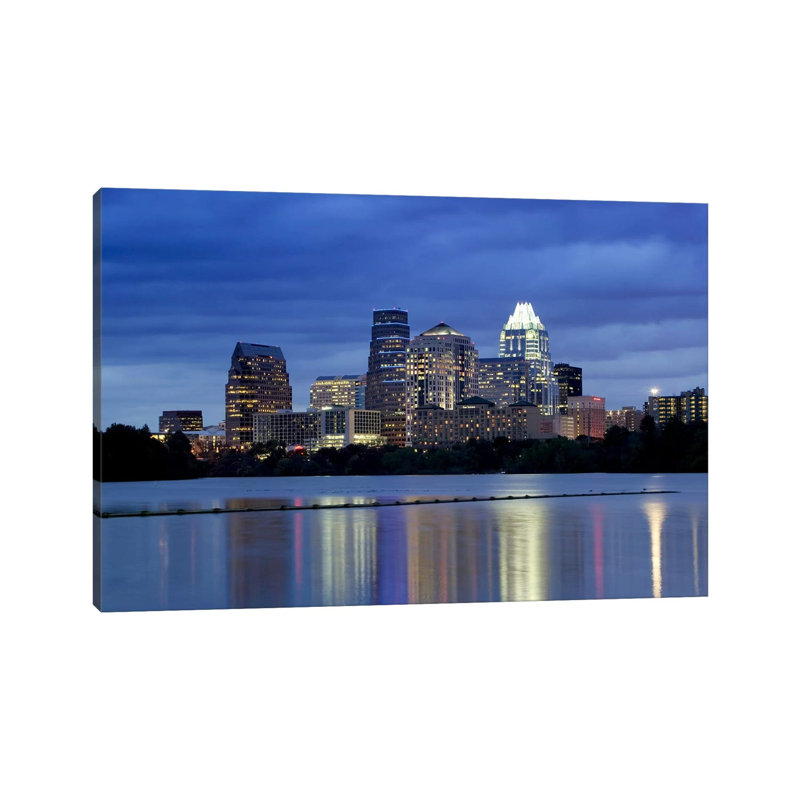 Buildings At The Waterfront Lit Up At Dusk, Town Lake, Austin, Texas, USA - Wrapped Canvas Print, 20.32 cm H x 30.48 cm W