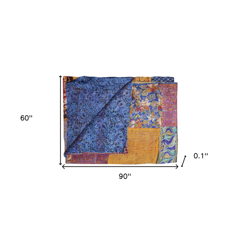 60" X 90" Blue and Yellow Kantha Cotton Patchwork Throw Blanket with Embroidery