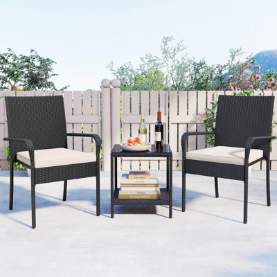 Ensemble de meubles de patio 3 pièces avec plateau de table en verre trempé à 2 niveaux et coussins souples blanc