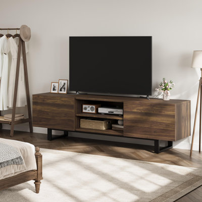 Mid Century Modern TV Stand Wood Entertainment Center with 2 Drawers and Open Shelves