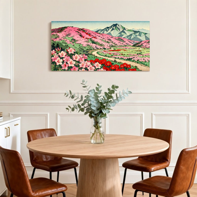 Paysage et nature Paysage de montagne avec fleurs roses et vertes collines, H 28 po x l 58 po