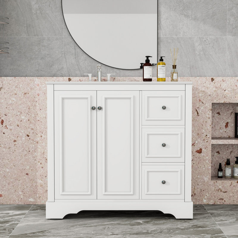 Meuble-lavabo autoportant élégant avec lavabo en céramique, portes à fermeture en douceur et rangement réglable, Blanc