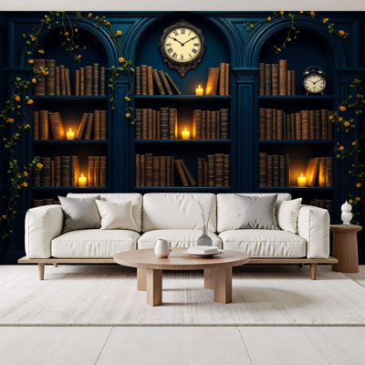 Peel and Stick papier peint rétro bleu foncé bibliothèque bougies bibliothèque antique horloges murales Bookworm livre 69 po x l 96 po amovible papier peint en PVC auto-adhésif, décoration murale pour le salon de la chambre à coucher