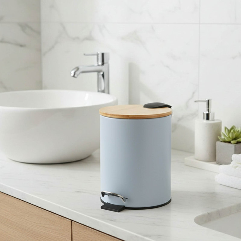 Poubelle avec couvercle en bambou et pédale, capacité de 2,5 L, Bleu