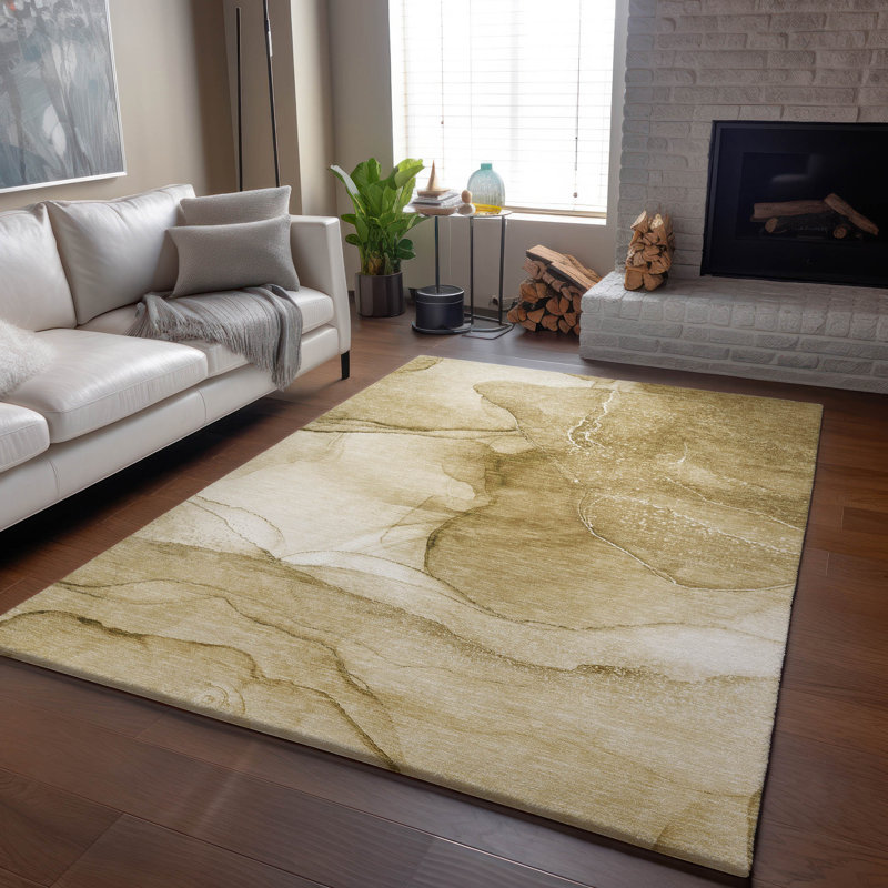 Beige Rectangular Washable Synthetic Area Rug with Non-slip Backing
