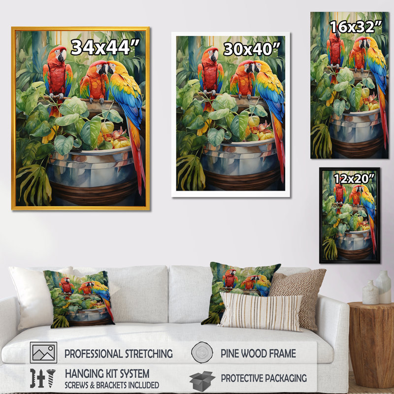 «Red Parrot Jungle Paradise I», art mural perroquet, Cadre flottant blanc, H 32 po x l 16 po x P 1 po