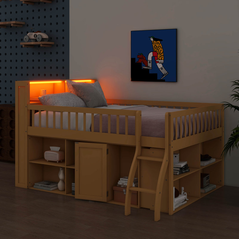 Structure de lit mezzanine en bois avec tête de lit équipée de rangement et éclairage DEL, lit mezzanine compact avec solutions de rangement intégrées