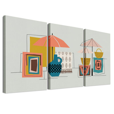 Ensemble de 3 toiles murales représentant des parasols et un panier de plage de style moderne du milieu du siècle