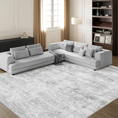 Tapis lavable 240 x 300 cm pour salon, grand tapis abstrait gris, tapis d'intérieur doux à poils courts pour chambre, salle à manger, bureau et décoration intérieure